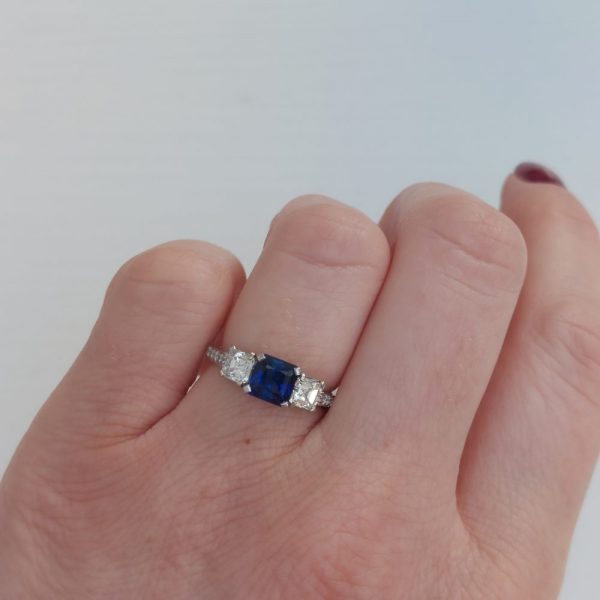 1.45ct Sapphire and Asscher Cut Diamond Three Stone Ring