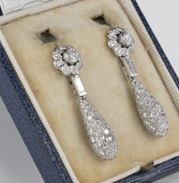 Art Deco 4.2ct Diamond Floral Cluster Dress Drop Earrings in Platinum