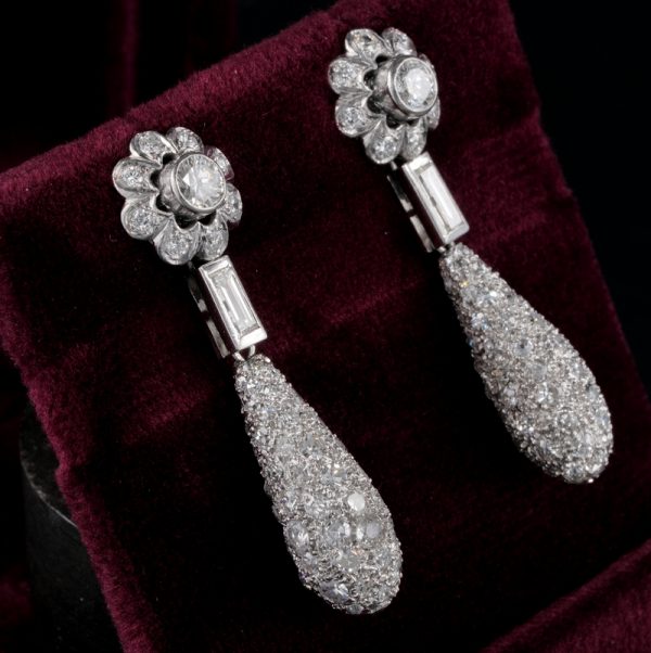 Art Deco 4.2ct Diamond Floral Cluster Dress Drop Earrings in Platinum