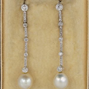 Antique Edwardian Certified Natural Pearl and Diamond Drop Earrings