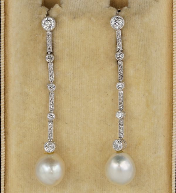 Antique Edwardian Certified Natural Pearl and Diamond Drop Earrings