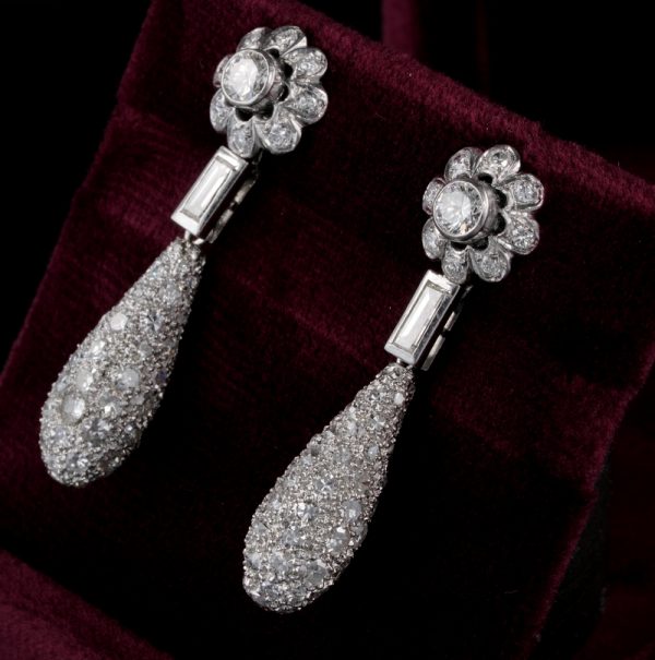 Art Deco 4.2ct Diamond Floral Cluster Dress Drop Earrings in Platinum