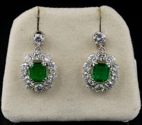 Vintage 2ct Natural Zambian Emerald and 4.5ct Diamond Cluster Drop Earrings in Platinum