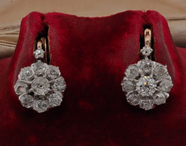 Antique Edwardian 2.1ct Old Mine Cut Diamond Cluster Drop Earrings