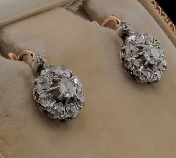 Antique Edwardian 2.1ct Old Mine Cut Diamond Cluster Drop Earrings