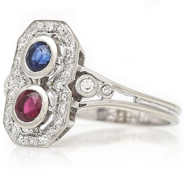 Vintage Boodles Sapphire Ruby Diamond Two Stone Plaque Ring