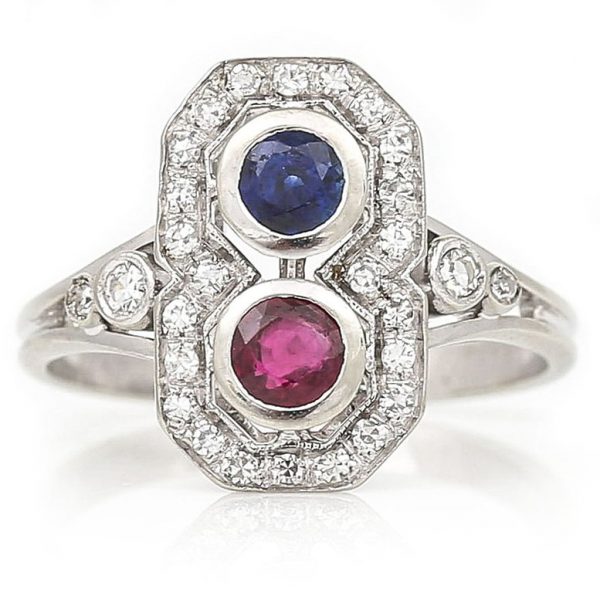 Vintage Boodles Sapphire Ruby Diamond Two Stone Plaque Ring