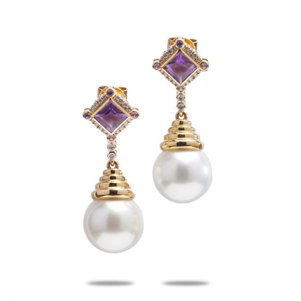 Vintage Amethyst and Pearl Drop Earrings with Diamonds