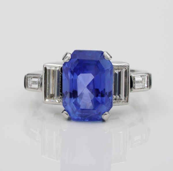 Vintage 6.36ct Certified No Heat Madagascan Sapphire and Diamond Ring in Platinum with GCS London Laboratory certificate