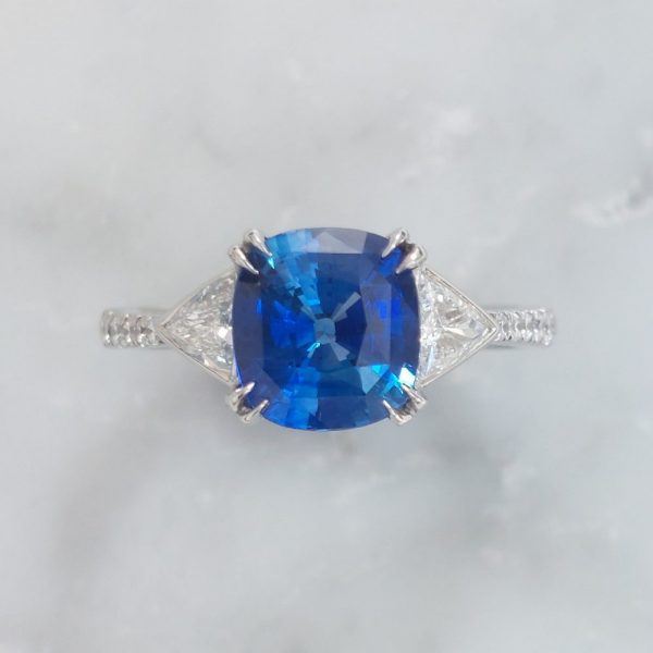 2.33ct Cushion Sapphire and Diamond Three Stone Ring