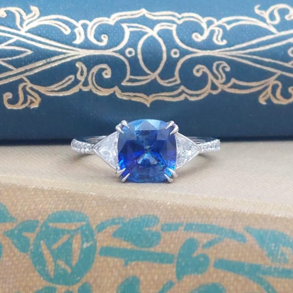 2.33ct Cushion Sapphire and Diamond Three Stone Ring