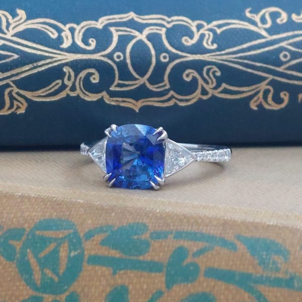 2.33ct Cushion Sapphire and Diamond Three Stone Ring