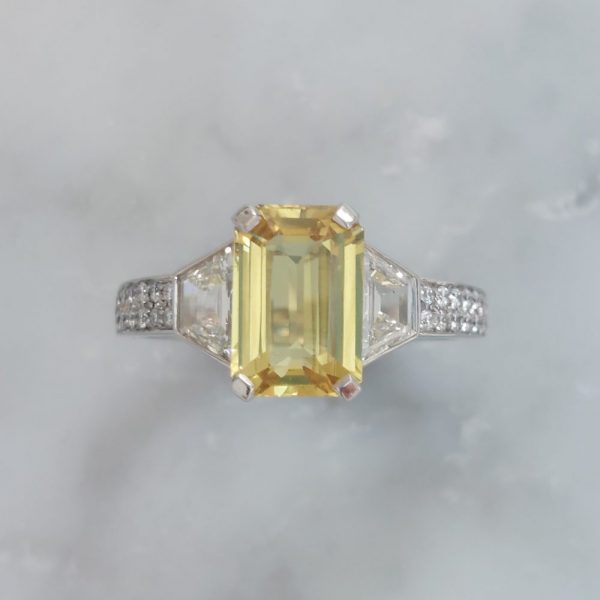 2.45ct Yellow Sapphire and Trapeze Diamond Three Stone Ring