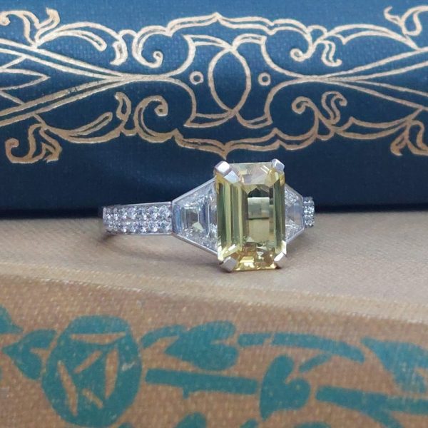 2.45ct Yellow Sapphire and Trapeze Diamond Three Stone Ring