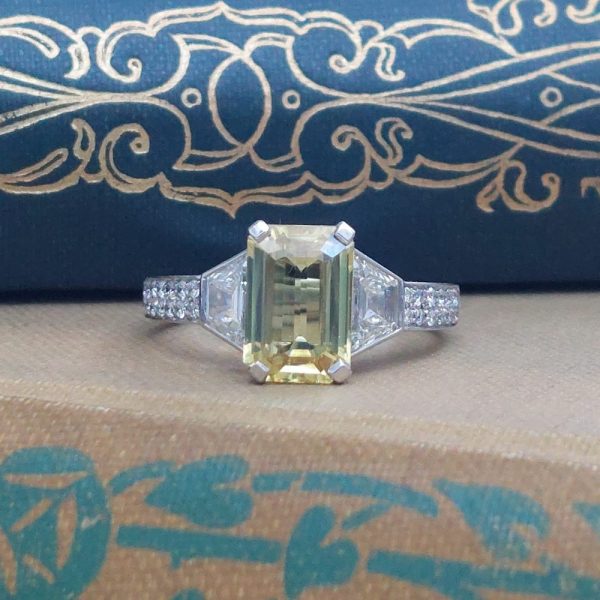 2.45ct Yellow Sapphire and Trapeze Diamond Three Stone Ring