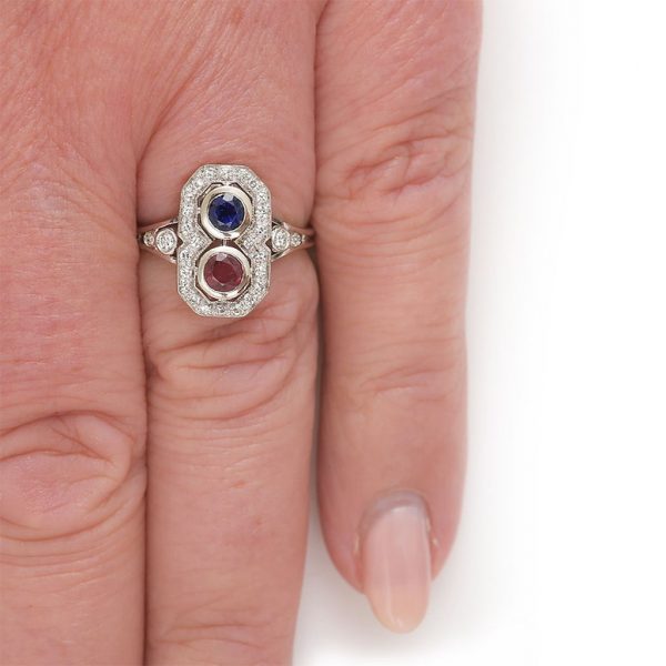 Vintage Boodles Sapphire Ruby Diamond Two Stone Plaque Ring