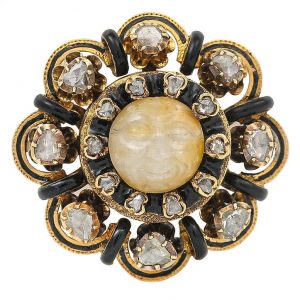 Antique Victorian Man in the Moon Feldspar Brooch with Rose Cut Diamonds and Black Enamel in 18ct yellow gold. Circa 1850