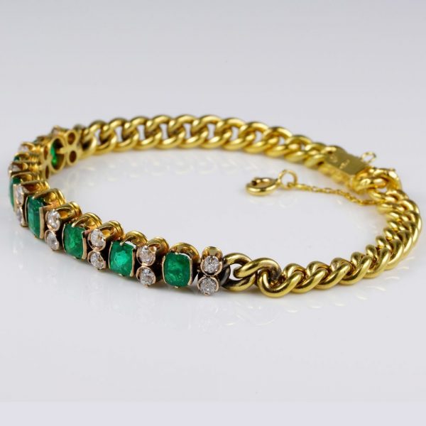 Antique Victorian 6ct Colombian Emerald and Diamond Set Curb Bracelet