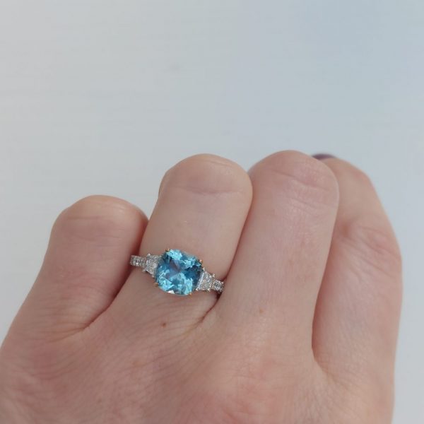 2ct Cushion Aquamarine and Trapeze Diamond Ring