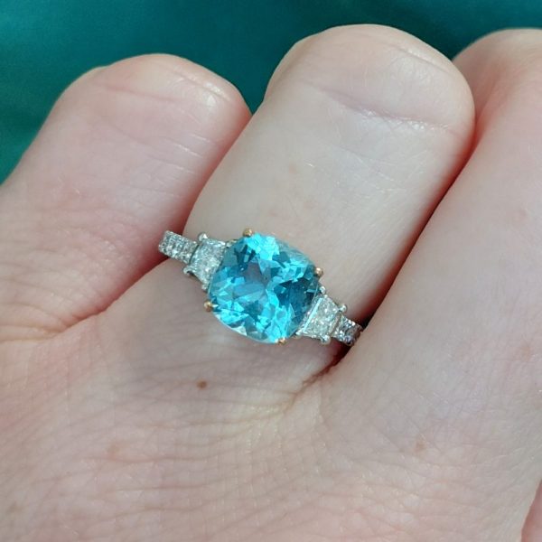 2ct Cushion Aquamarine and Trapeze Diamond Ring