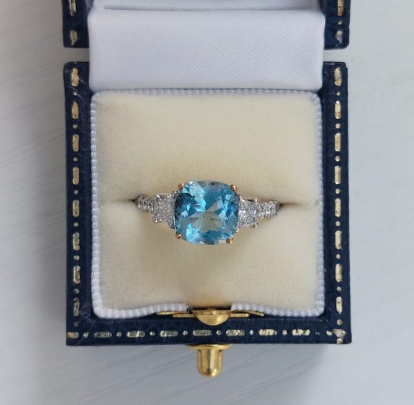 2ct Cushion Aquamarine and Trapeze Diamond Ring