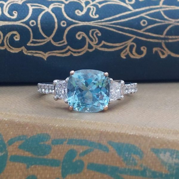 2ct Cushion Aquamarine and Trapeze Diamond Ring