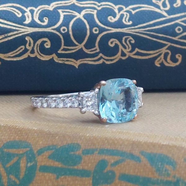 2ct Cushion Aquamarine and Trapeze Diamond Ring