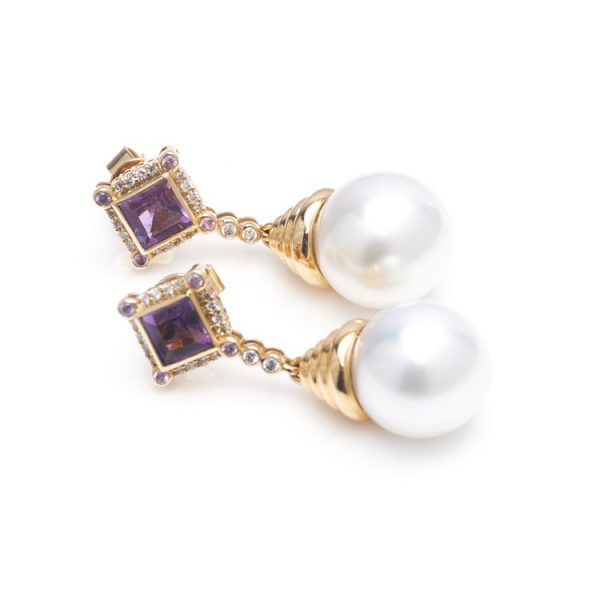 Vintage Amethyst and Pearl Drop Earrings with Diamonds