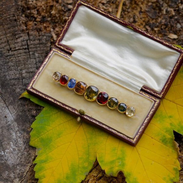 Vintage Multi Gemstone Bar Brooch in 18ct Yellow Gold