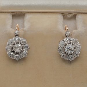 Antique Edwardian 2.1ct Old Mine Cut Diamond Cluster Drop Earrings