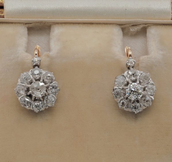 Antique Edwardian 2.1ct Old Mine Cut Diamond Cluster Drop Earrings