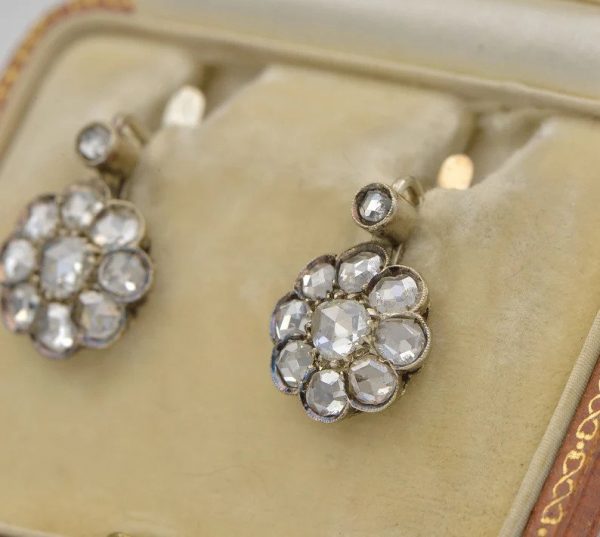 Antique Victorian 3.8ct Rose Cut Diamond Cluster Drop Earrings
