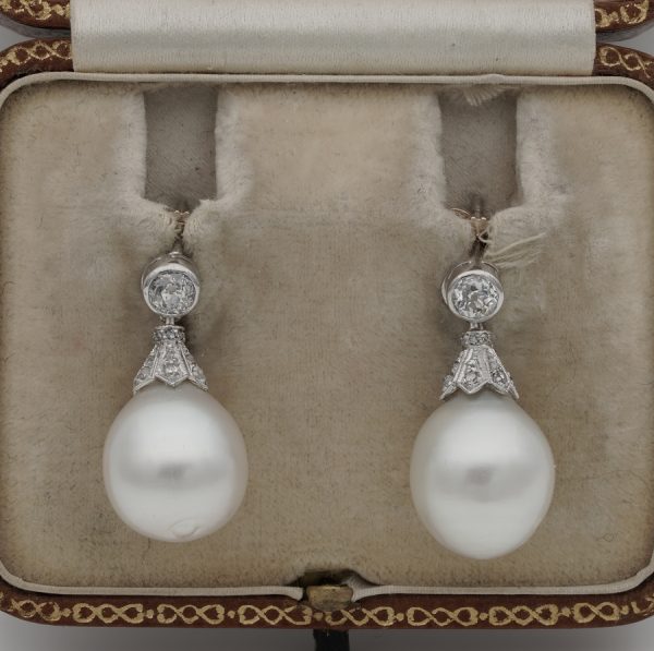 Art Deco South Sea Pearl and Diamond Drop Earrings