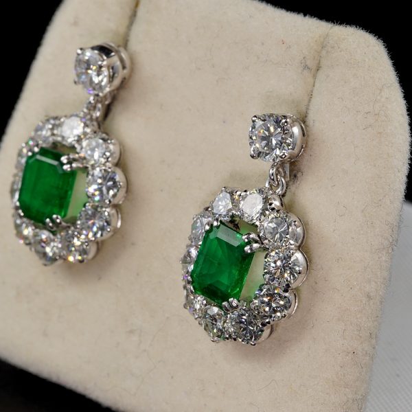 Vintage 2ct Natural Zambian Emerald and 4.5ct Diamond Cluster Drop Earrings in Platinum