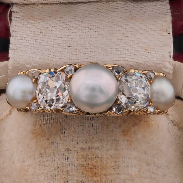 Antique Victorian 1.8ct Diamond and Natural Pearl Five Stone Ring
