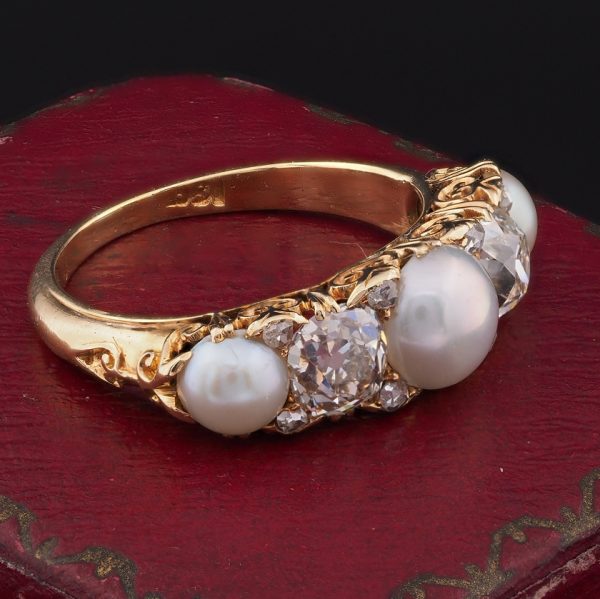 Antique Victorian 1.8ct Diamond and Natural Pearl Five Stone Ring