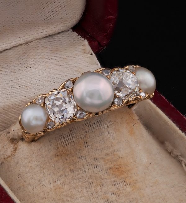 Antique Victorian 1.8ct Diamond and Natural Pearl Five Stone Ring