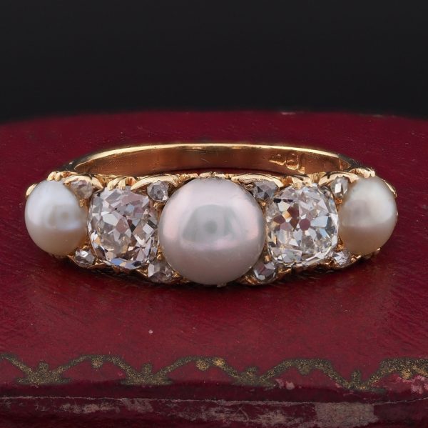 Antique Victorian 1.8ct Diamond and Natural Pearl Five Stone Ring