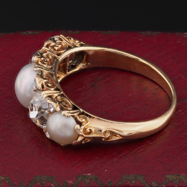 Antique Victorian 1.8ct Diamond and Natural Pearl Five Stone Ring