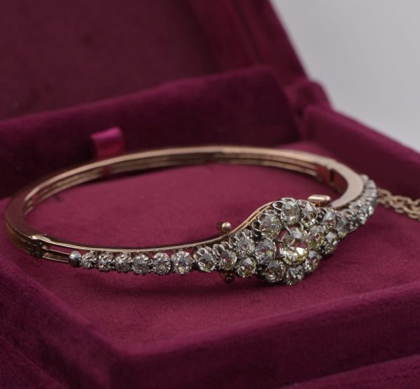 Antique Victorian 5.55ct Old Cut Diamond Floral Cluster Bangle Bracelet