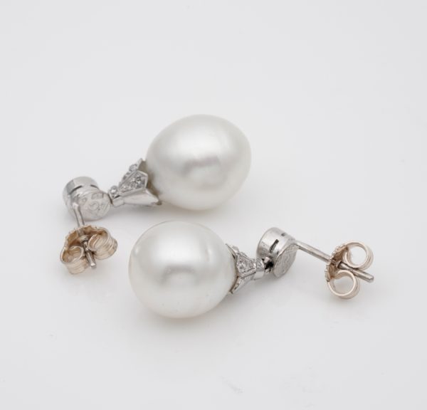Art Deco South Sea Pearl and Diamond Drop Earrings