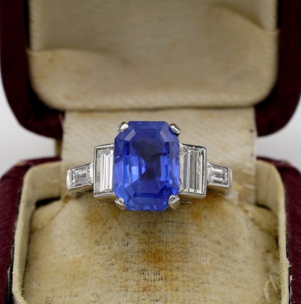 Vintage 6.36ct Certified No Heat Madagascan Sapphire and Diamond Ring in Platinum with GCS London Laboratory certificate