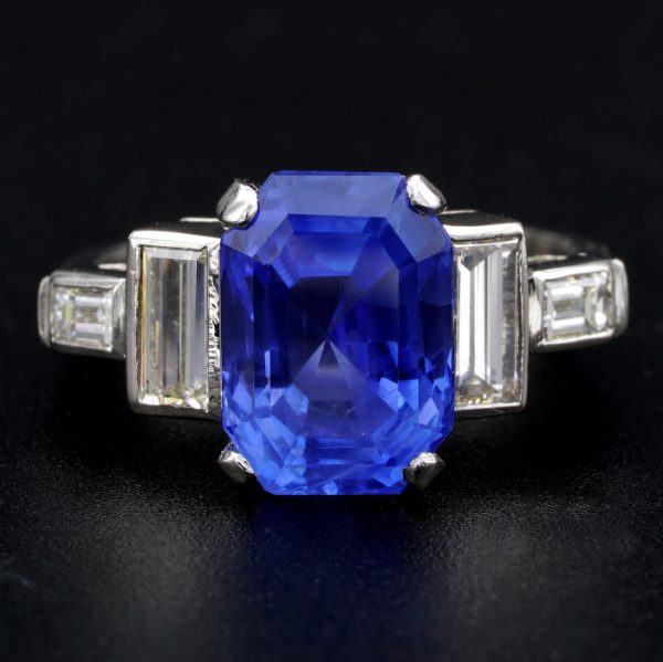 Vintage 6.36ct Certified No Heat Madagascan Sapphire and Diamond Ring in Platinum with GCS London Laboratory certificate