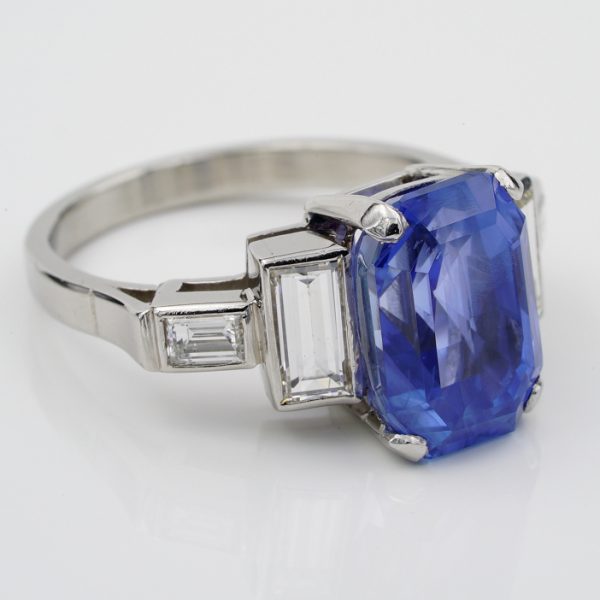 Vintage 6.36ct Certified No Heat Madagascan Sapphire and Diamond Ring in Platinum with GCS London Laboratory certificate