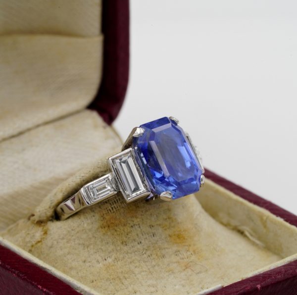 Vintage 6.36ct Certified No Heat Madagascan Sapphire and Diamond Ring in Platinum with GCS London Laboratory certificate