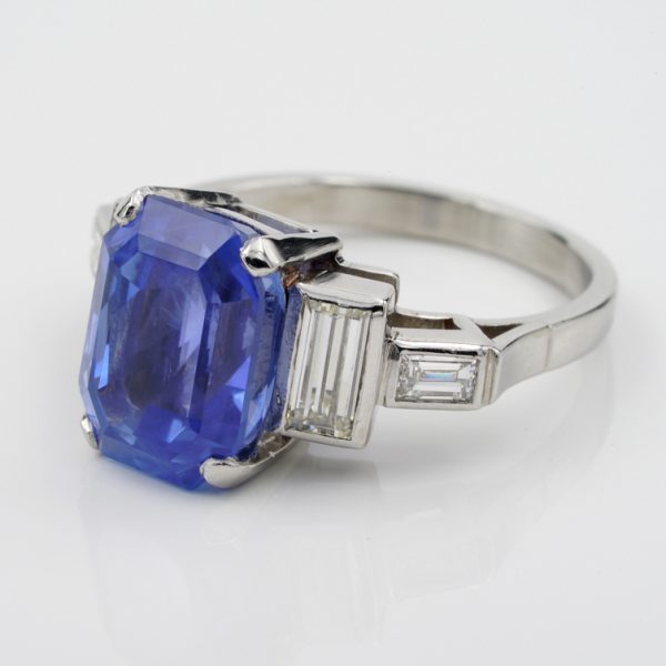 Vintage 6.36ct Certified No Heat Madagascan Sapphire and Diamond Ring in Platinum with GCS London Laboratory certificate