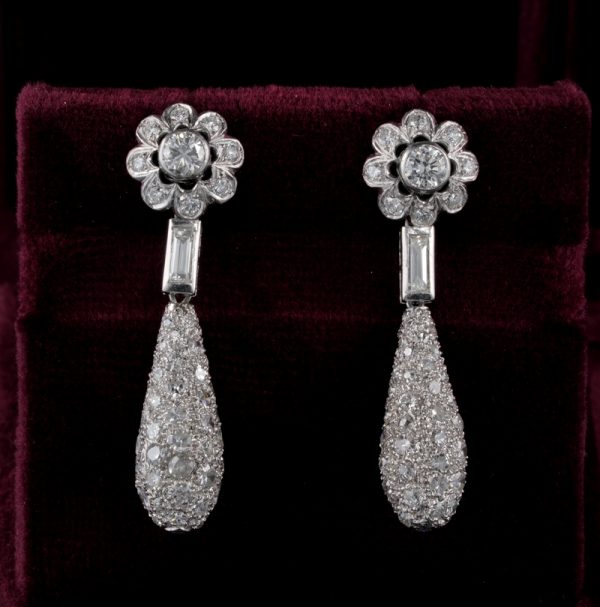 Art Deco 4.2ct Diamond Floral Cluster Dress Drop Earrings in Platinum