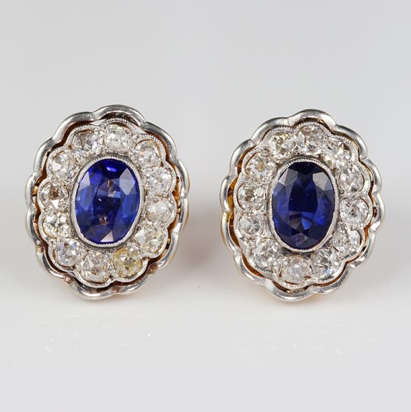 Antique Edwardian 2.6ct Natural No Heat Ceylon Sapphire and Diamond Oval Cluster Earrings