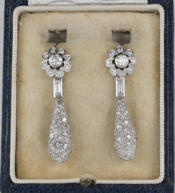 Art Deco 4.2ct Diamond Floral Cluster Dress Drop Earrings in Platinum