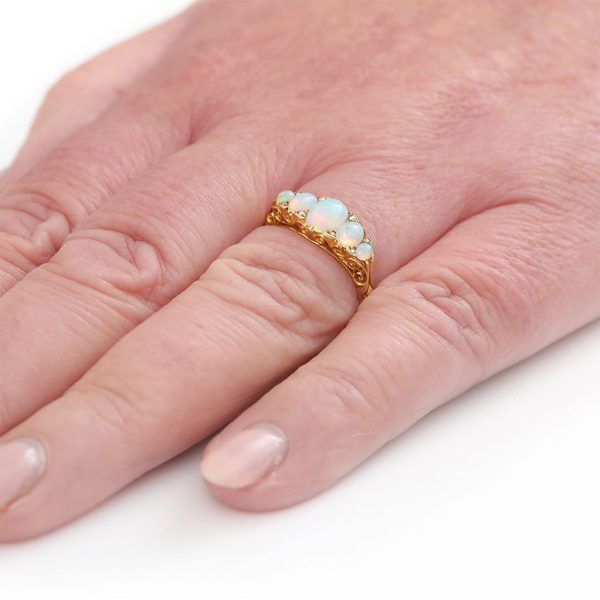 Antique Edwardian Opal Five Stone Ring with Diamonds